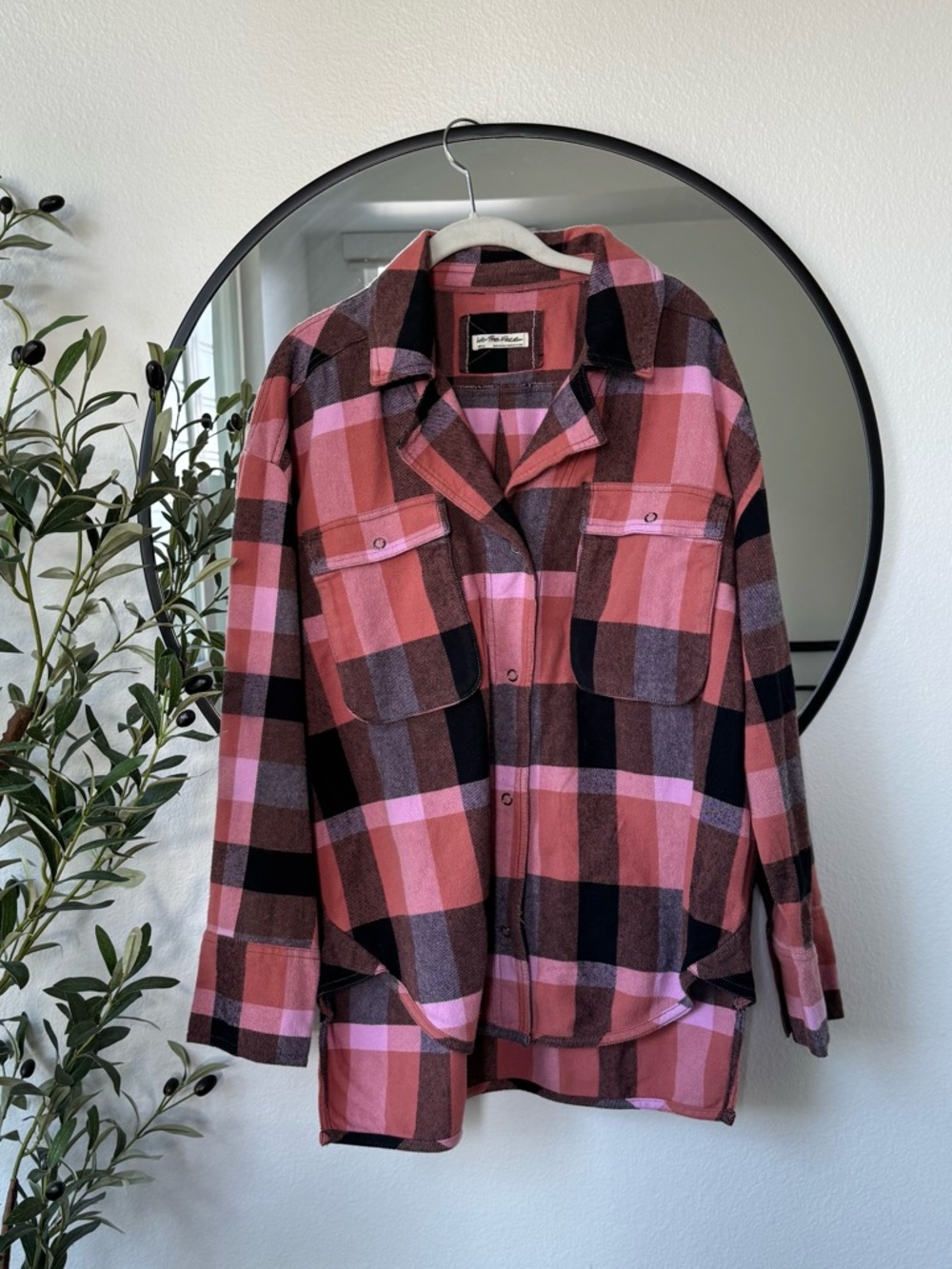 We The Free Pink and Black Plaid Flannel Button-Down Izzy Cargo Shirt, Small